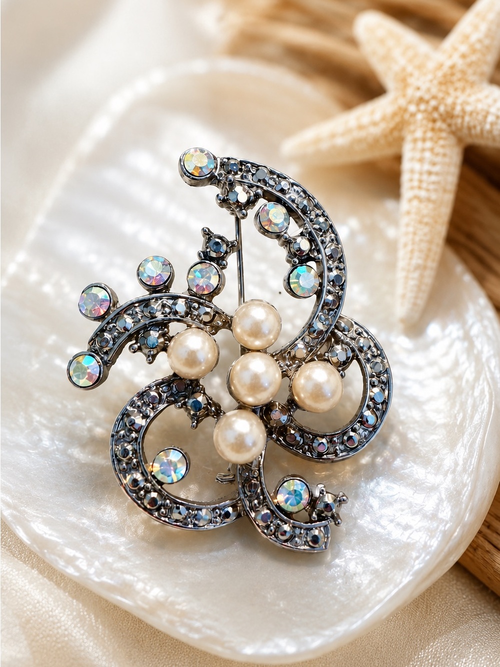 Vintage Aurora Borealis Rhinestone & Faux Pearl Brooch Pin Silver Tone Statement